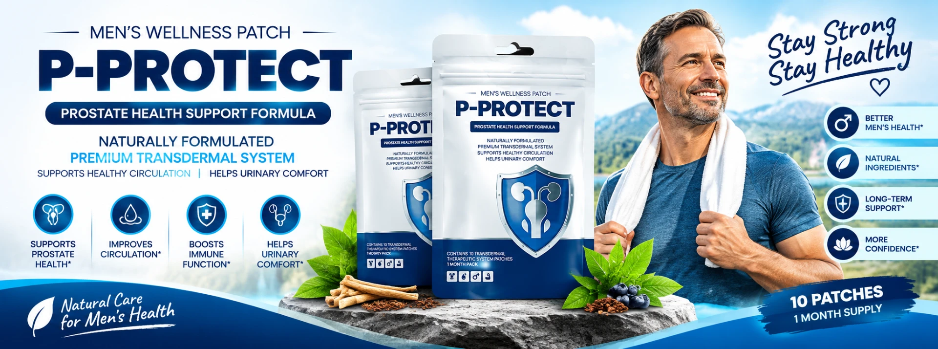 Original P-Protect men’s wellness promotional image featuring product pouches and packaging claims